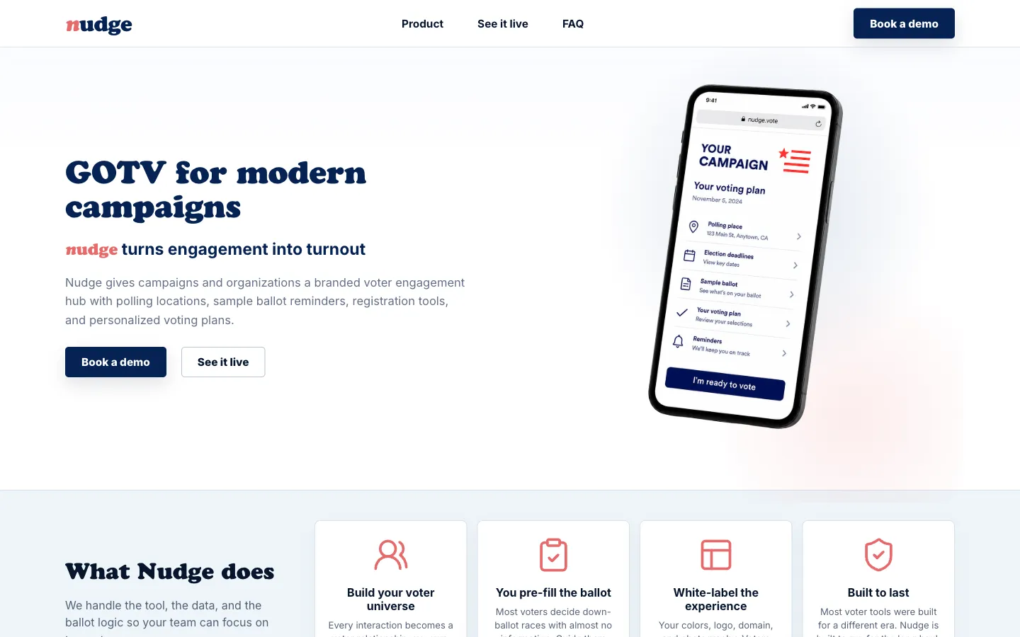 Nudge campaign website homepage, including its navigation and hero
