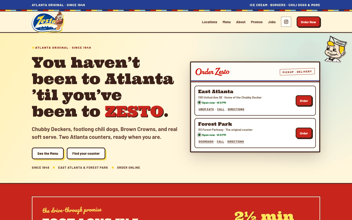 Current Zesto Atlanta homepage opening with locations and direct ordering paths